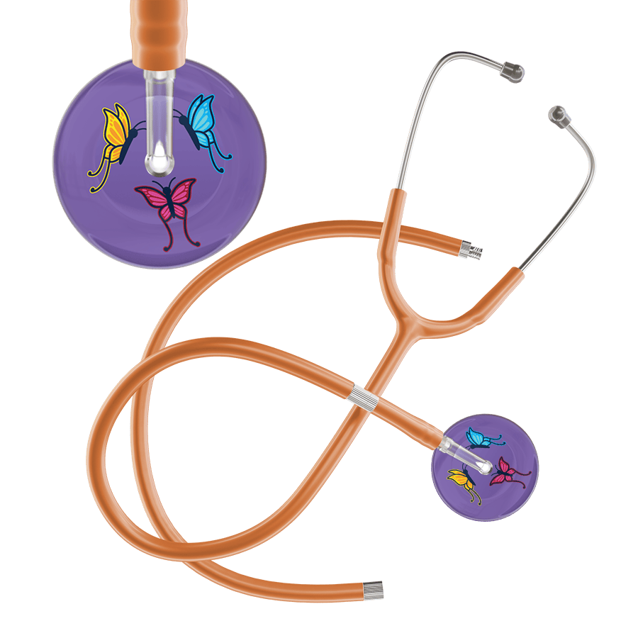 Ultrascope Single Stethoscope Lavender Butterflies / Adult / Caramel Extended Tubing Dark Butterflies Stethoscope