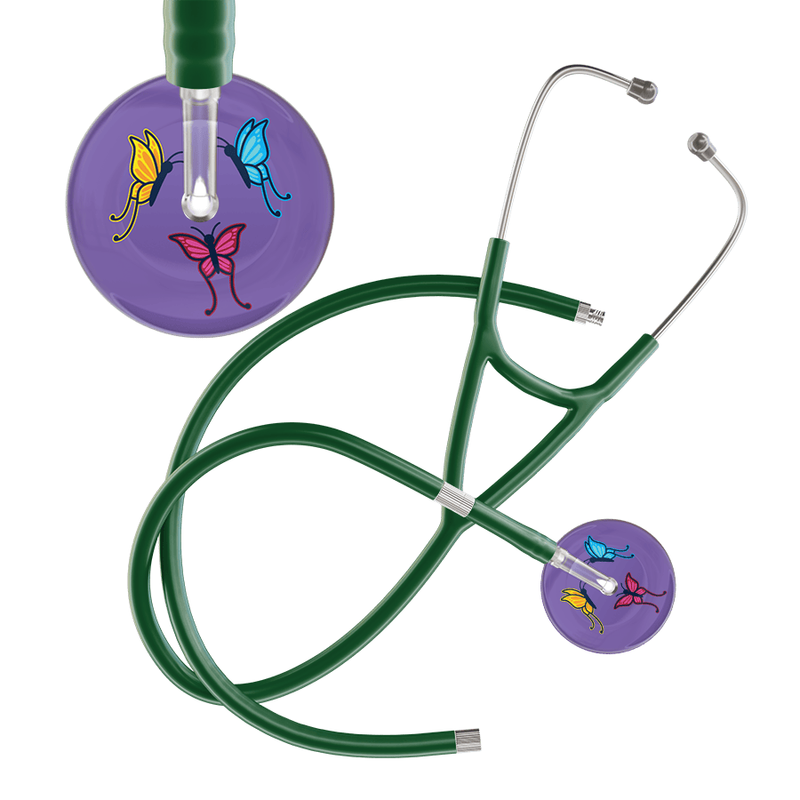 Ultrascope Single Stethoscope Lavender Butterflies / Adult / Dark Green Extended Tubing Dark Butterflies Cardiology Stethoscope