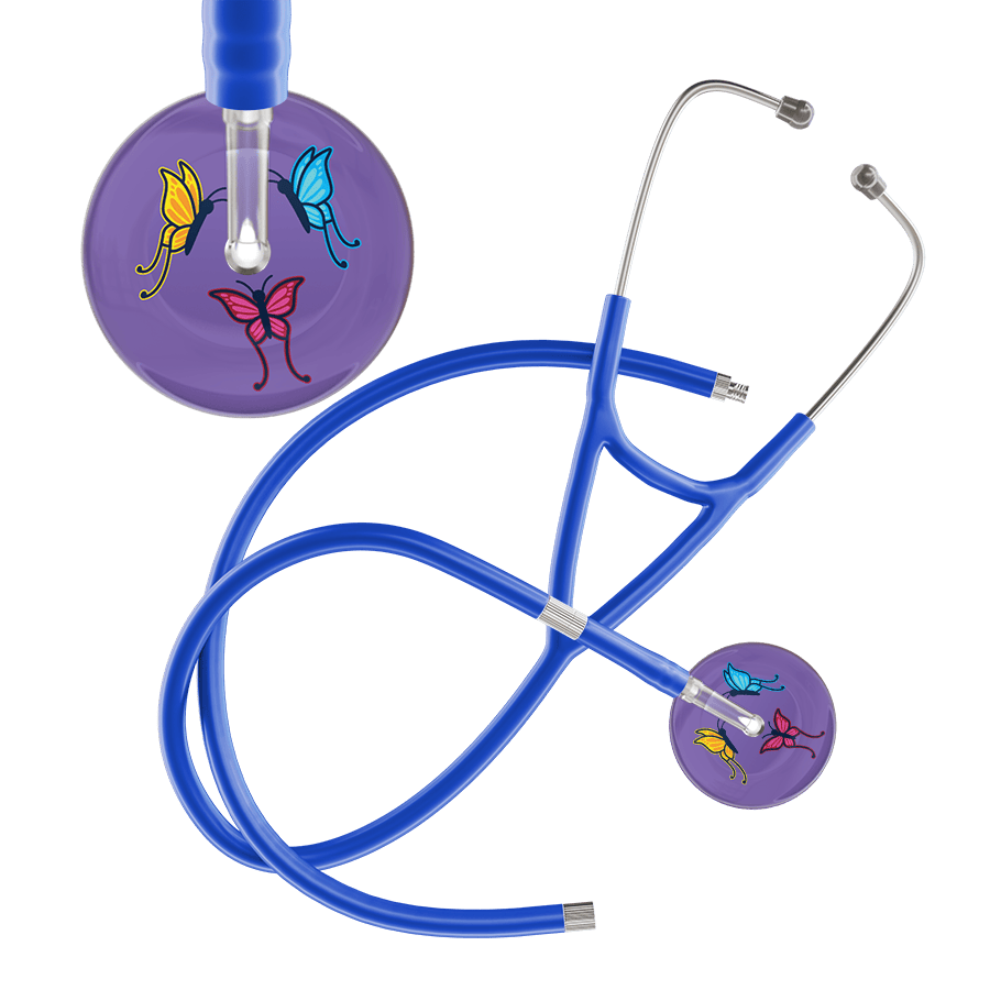Ultrascope Single Stethoscope Lavender Butterflies / Adult / Royal Blue Extended Tubing Dark Butterflies Cardiology Stethoscope