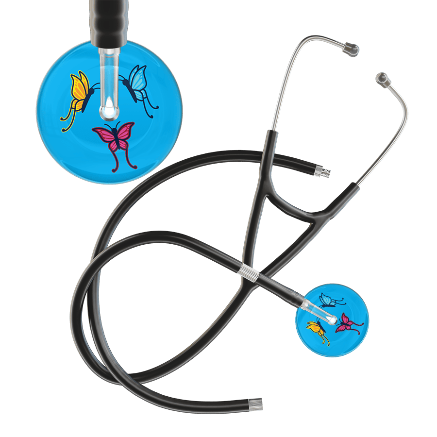 Ultrascope Single Stethoscope Light Blue Butterflies / Adult / Black Extended Tubing Light Butterflies Cardiology Stethoscope