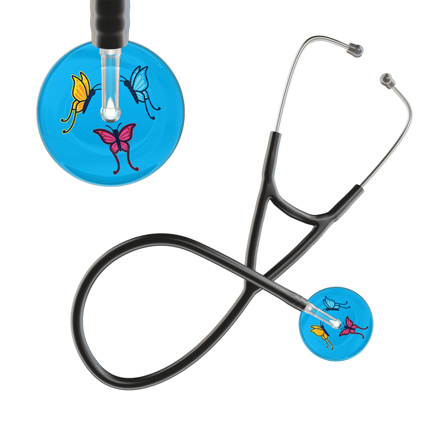 Ultrascope Single Stethoscope Light Blue Butterflies / Adult / Black Light Butterflies Cardiology Stethoscope