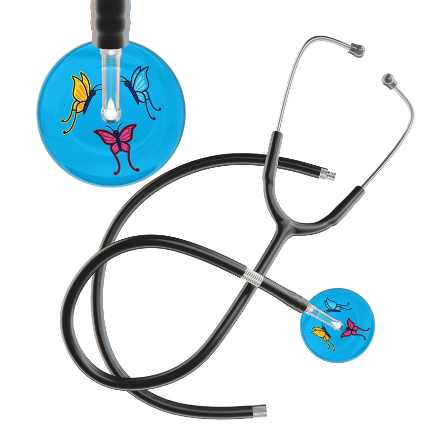 Ultrascope Single Stethoscope Light Blue Butterflies / Adult / Black Extended Tubing Light Butterflies Stethoscope