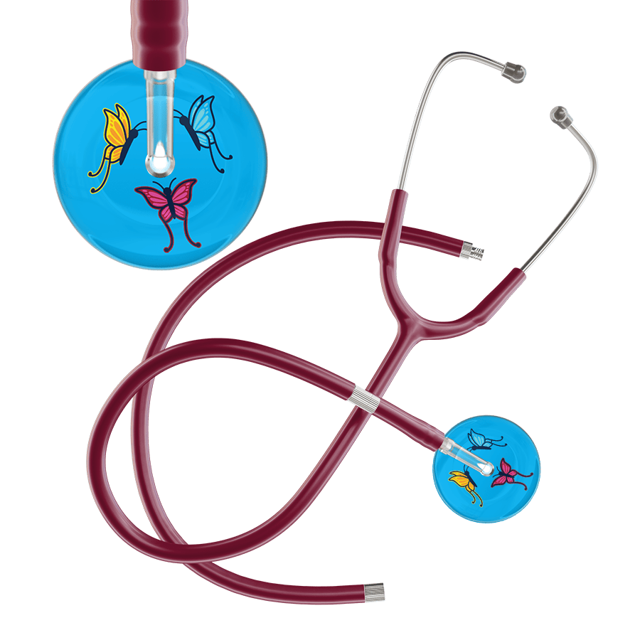 Ultrascope Single Stethoscope Light Blue Butterflies / Adult / Burgundy Extended Tubing Light Butterflies Stethoscope