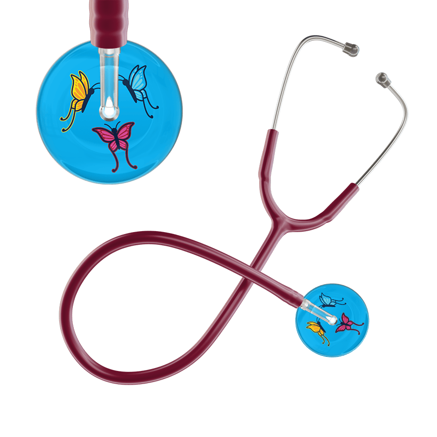Ultrascope Single Stethoscope Light Blue Butterflies / Adult / Burgundy Light Butterflies Stethoscope