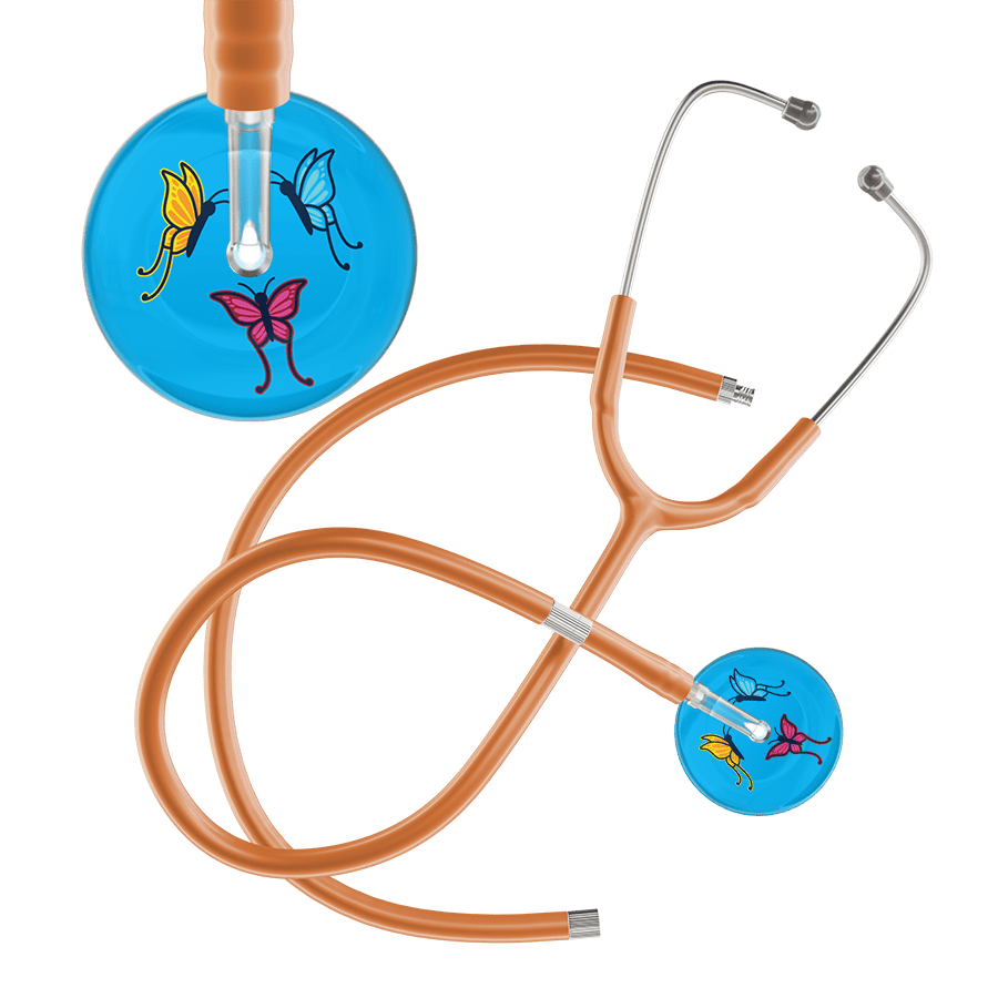 Ultrascope Single Stethoscope Light Blue Butterflies / Pediatric / Caramel Extended Tubing Light Butterflies Stethoscope