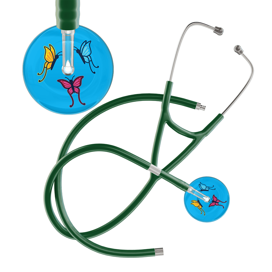 Ultrascope Single Stethoscope Light Blue Butterflies / Adult / Dark Green Extended Tubing Light Butterflies Cardiology Stethoscope