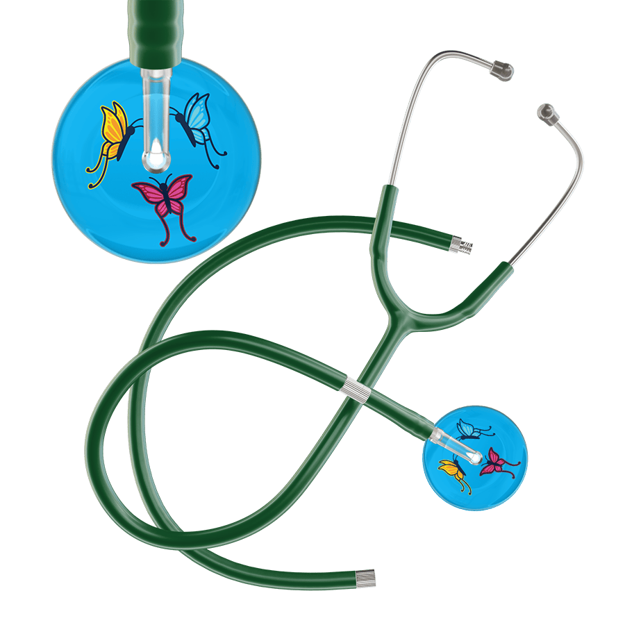 Ultrascope Single Stethoscope Light Blue Butterflies / Adult / Dark Green Extended Tubing Light Butterflies Stethoscope