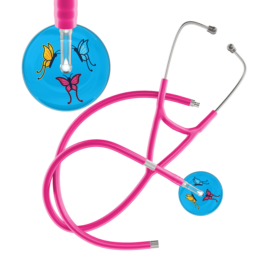 Ultrascope Single Stethoscope Light Blue Butterflies / Adult / Hot Pink Extended Tubing Light Butterflies Cardiology Stethoscope