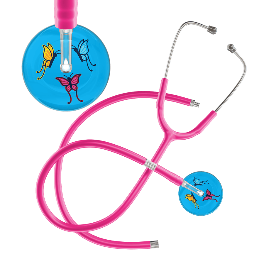 Ultrascope Single Stethoscope Light Blue Butterflies / Adult / Hot Pink Extended Tubing Light Butterflies Stethoscope