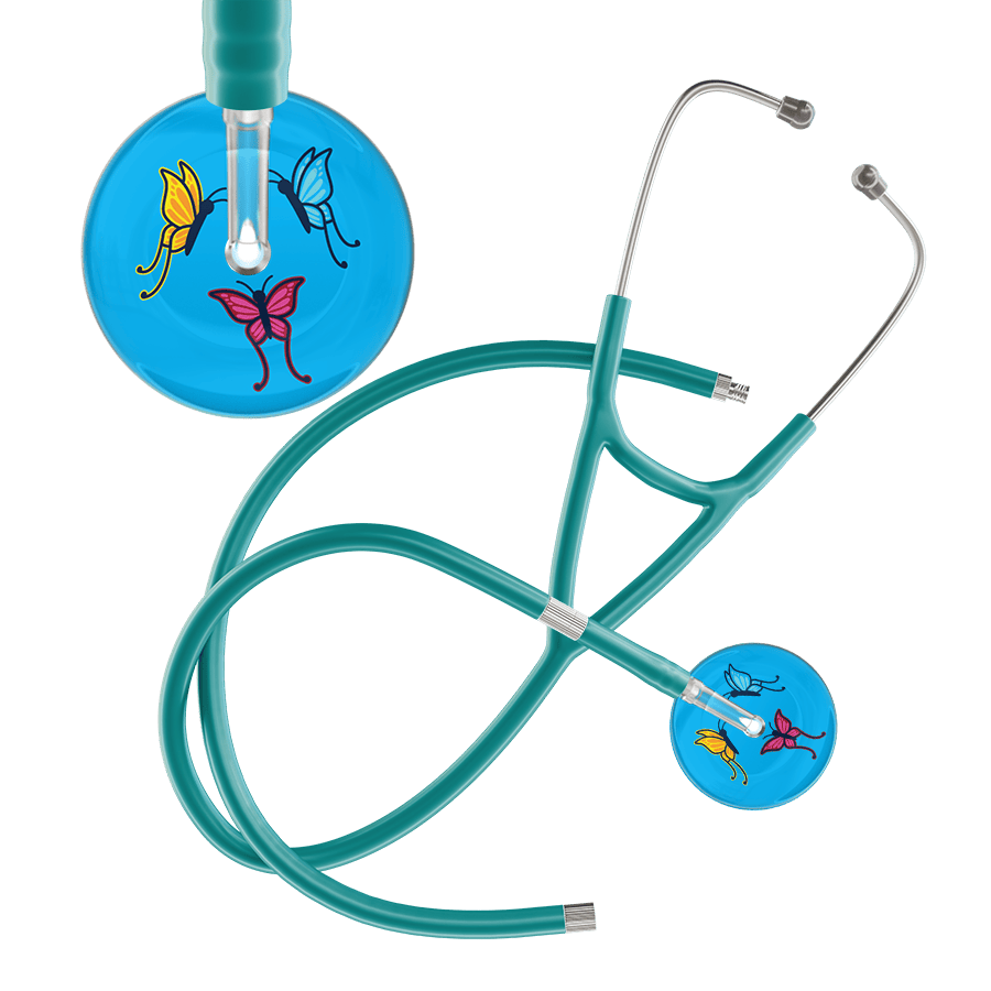 Ultrascope Single Stethoscope Light Blue Butterflies / Adult / Jade Extended Tubing Light Butterflies Cardiology Stethoscope