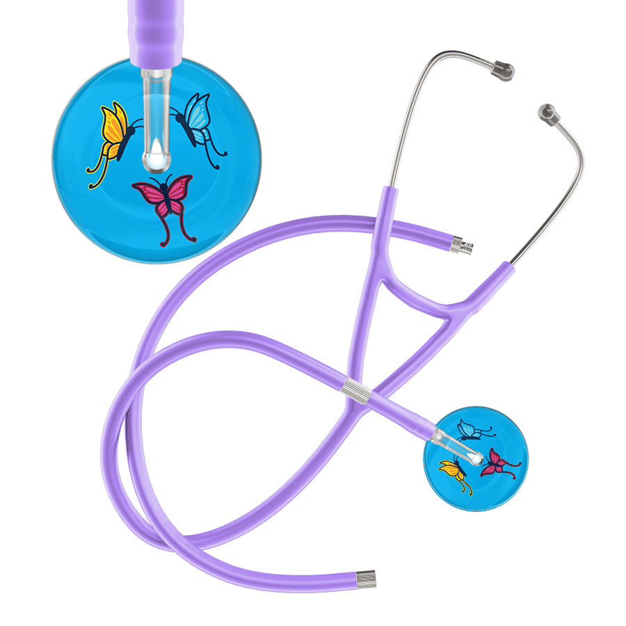 Ultrascope Single Stethoscope Light Blue Butterflies / Adult / Lavender Extended Tubing Light Butterflies Cardiology Stethoscope