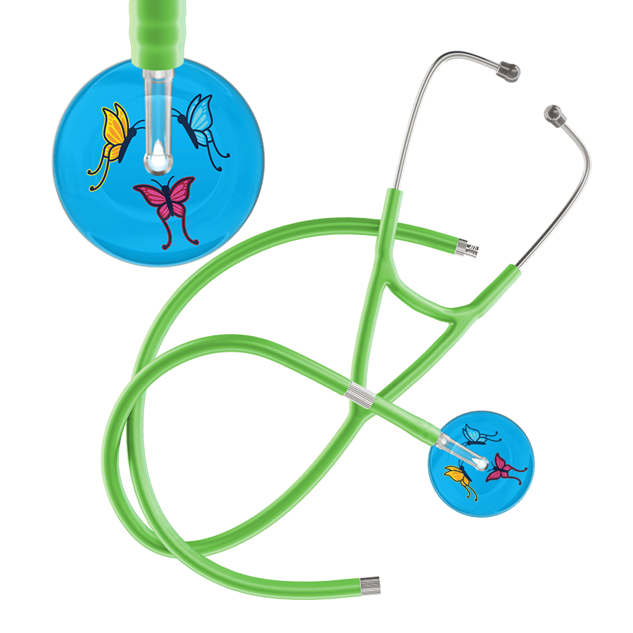 Ultrascope Single Stethoscope Light Blue Butterflies / Adult / Lime Green Extended Tubing Light Butterflies Cardiology Stethoscope