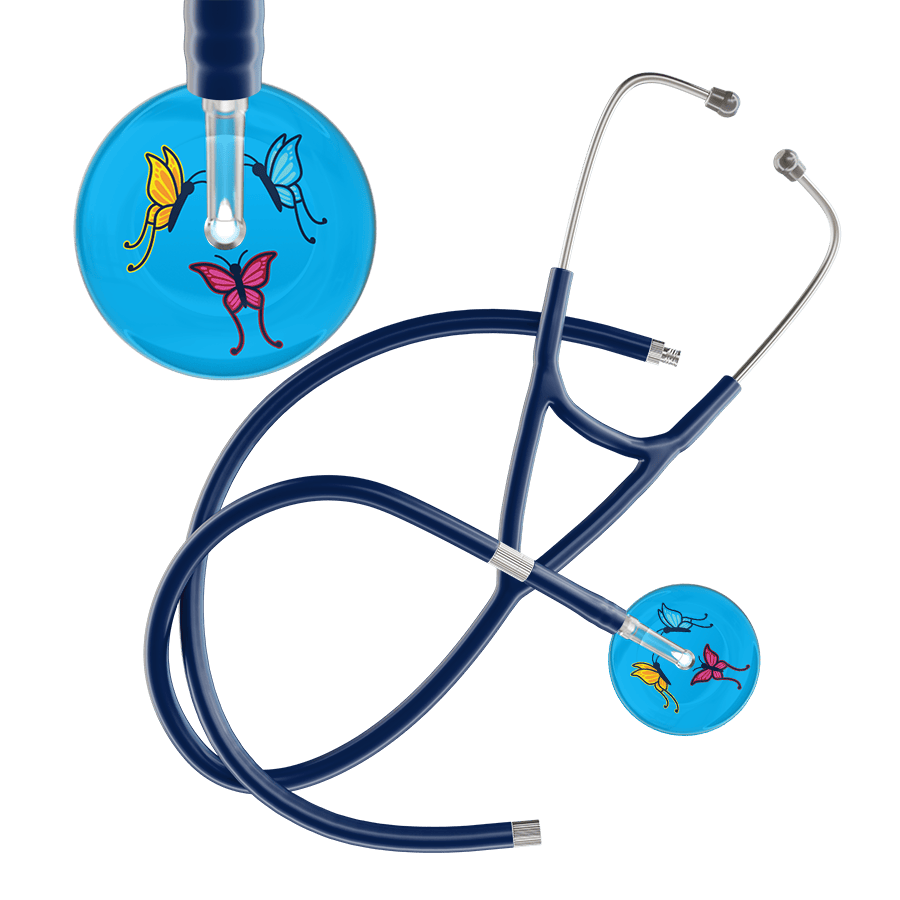 Ultrascope Single Stethoscope Light Blue Butterflies / Adult / Navy Extended Tubing Light Butterflies Cardiology Stethoscope