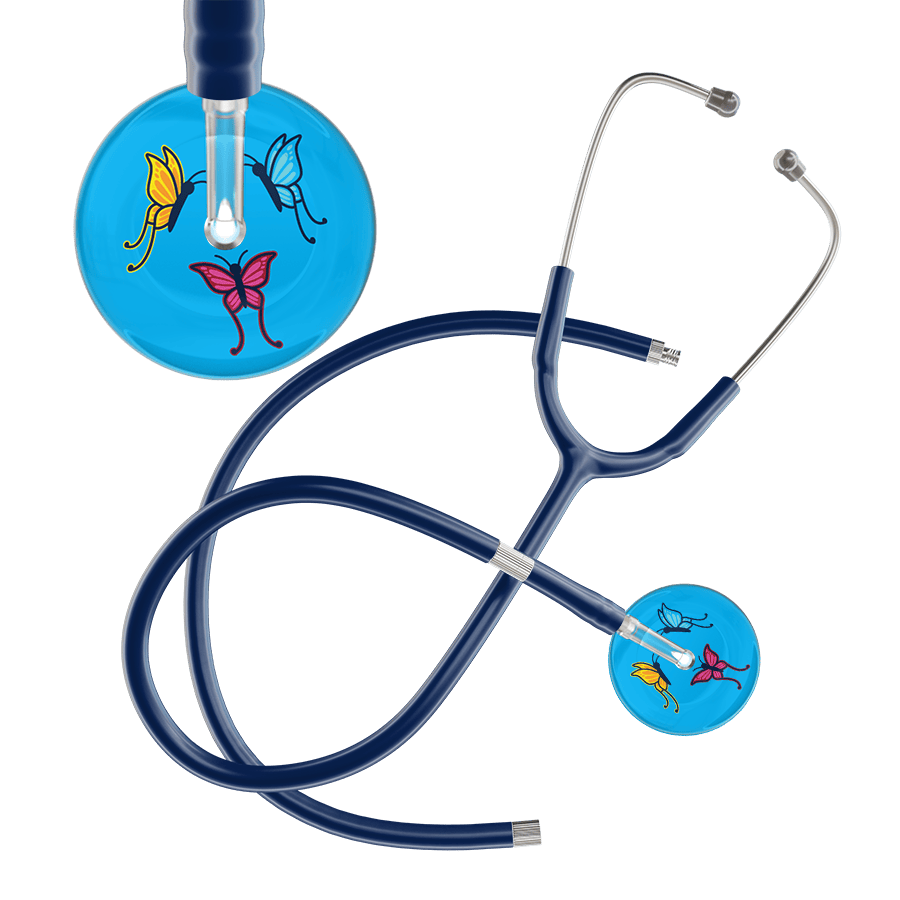 Ultrascope Single Stethoscope Light Blue Butterflies / Adult / Navy Extended Tubing Light Butterflies Stethoscope