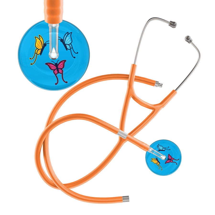 Ultrascope Single Stethoscope Light Blue Butterflies / Adult / Orange Extended Tubing Light Butterflies Cardiology Stethoscope