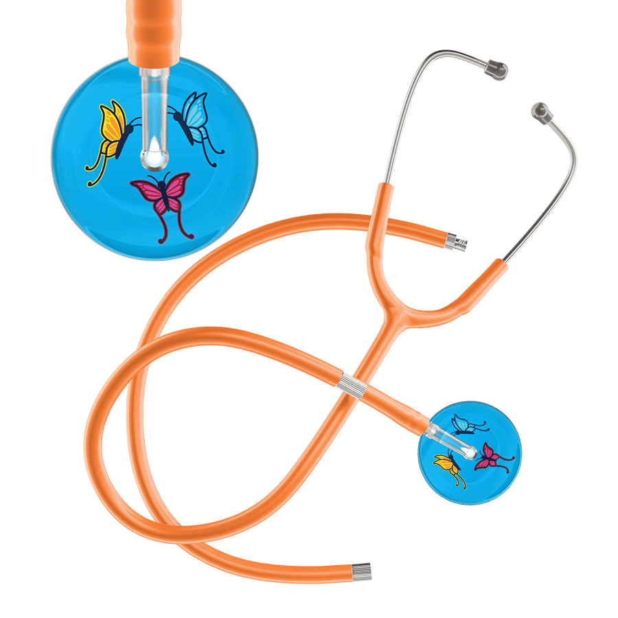 Ultrascope Single Stethoscope Light Blue Butterflies / Adult / Orange Extended Tubing Light Butterflies Stethoscope