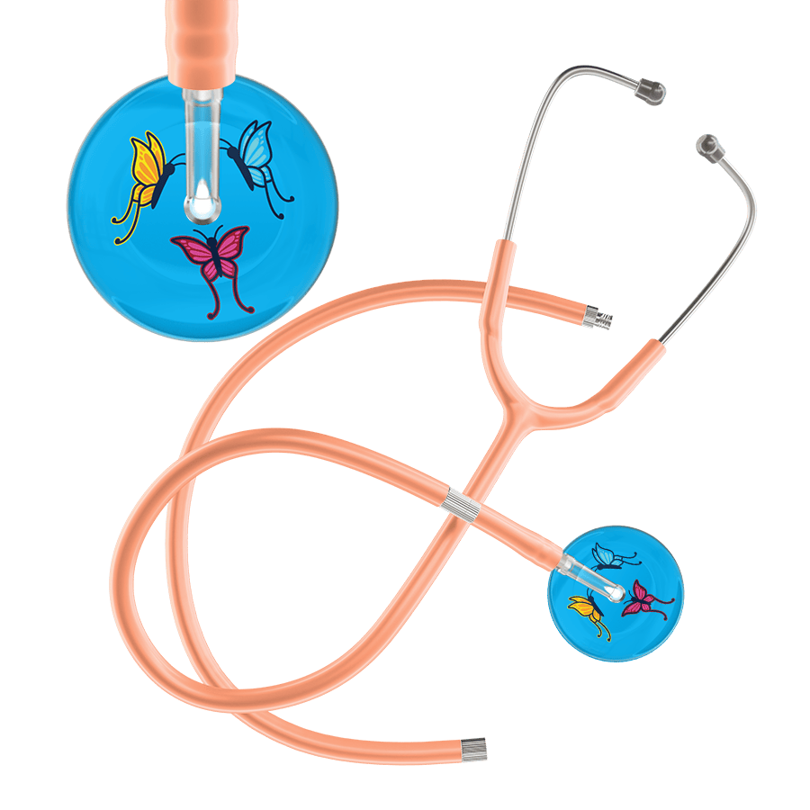 Ultrascope Single Stethoscope Light Blue Butterflies / Adult / Peach Extended Tubing Light Butterflies Stethoscope