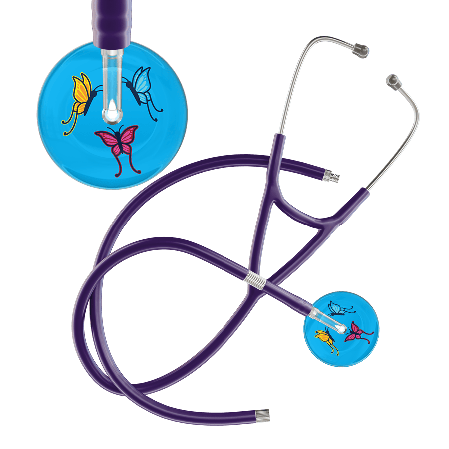 Ultrascope Single Stethoscope Light Blue Butterflies / Adult / Purple Extended Tubing Light Butterflies Cardiology Stethoscope