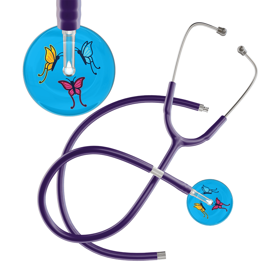 Ultrascope Single Stethoscope Light Blue Butterflies / Adult / Purple Extended Tubing Light Butterflies Stethoscope