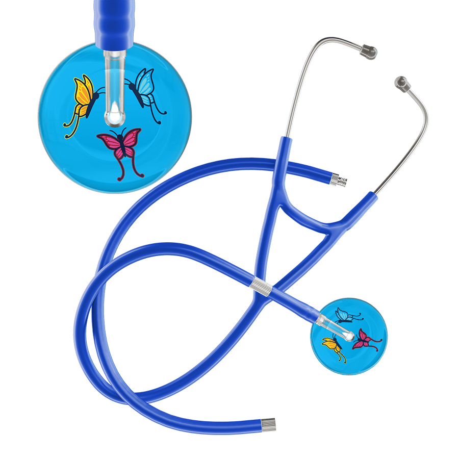 Ultrascope Single Stethoscope Light Blue Butterflies / Adult / Royal Blue Extended Tubing Light Butterflies Cardiology Stethoscope