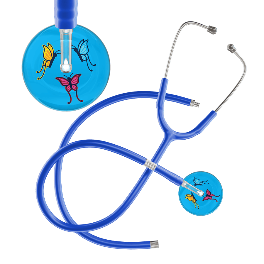 Ultrascope Single Stethoscope Light Blue Butterflies / Adult / Royal Blue Extended Tubing Light Butterflies Stethoscope