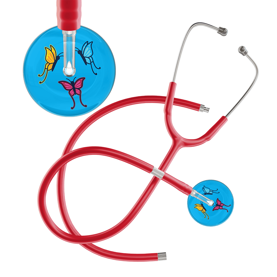 Ultrascope Single Stethoscope Light Blue Butterflies / Adult / Red Extended Tubing Light Butterflies Stethoscope