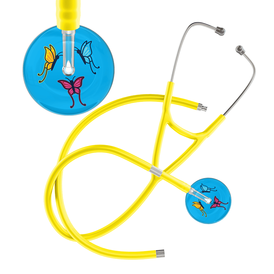 Ultrascope Single Stethoscope Light Blue Butterflies / Adult / Yellow Extended Tubing Light Butterflies Cardiology Stethoscope