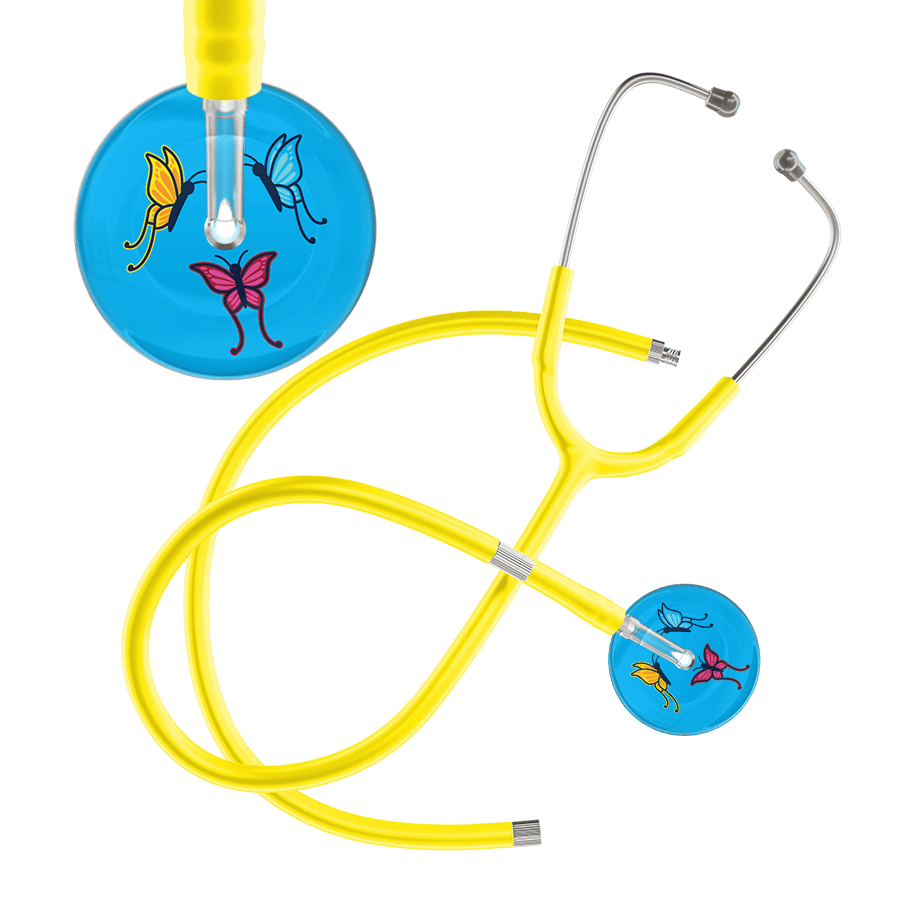 Ultrascope Single Stethoscope Light Blue Butterflies / Adult / Yellow Extended Tubing Light Butterflies Stethoscope