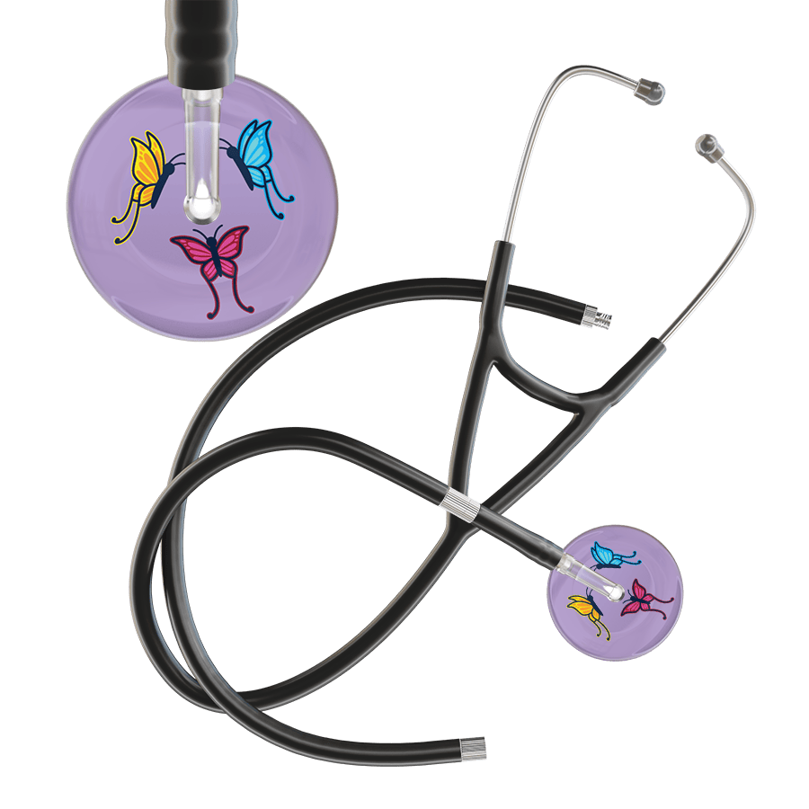 Ultrascope Single Stethoscope Lilac Butterflies / Adult / Black Extended Tubing Light Butterflies Cardiology Stethoscope