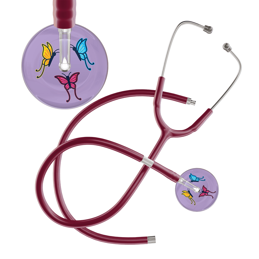 Ultrascope Single Stethoscope Lilac Butterflies / Adult / Burgundy Extended Tubing Light Butterflies Stethoscope