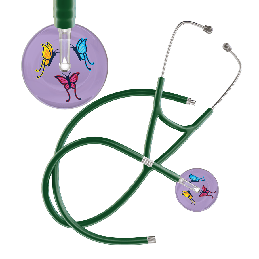 Ultrascope Single Stethoscope Lilac Butterflies / Adult / Dark Green Extended Tubing Light Butterflies Cardiology Stethoscope