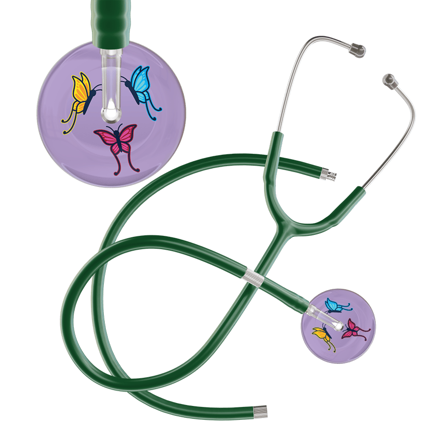 Ultrascope Single Stethoscope Lilac Butterflies / Adult / Dark Green Extended Tubing Light Butterflies Stethoscope