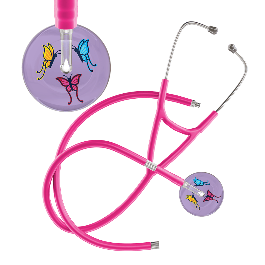 Ultrascope Single Stethoscope Lilac Butterflies / Adult / Hot Pink Extended Tubing Light Butterflies Cardiology Stethoscope