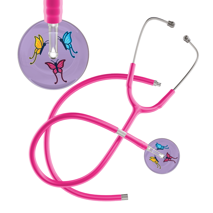Ultrascope Single Stethoscope Lilac Butterflies / Adult / Hot Pink Extended Tubing Light Butterflies Stethoscope