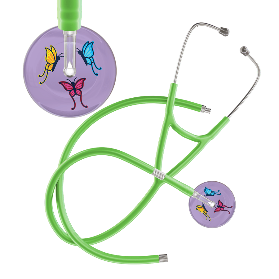 Ultrascope Single Stethoscope Lilac Butterflies / Adult / Lime Green Extended Tubing Light Butterflies Cardiology Stethoscope
