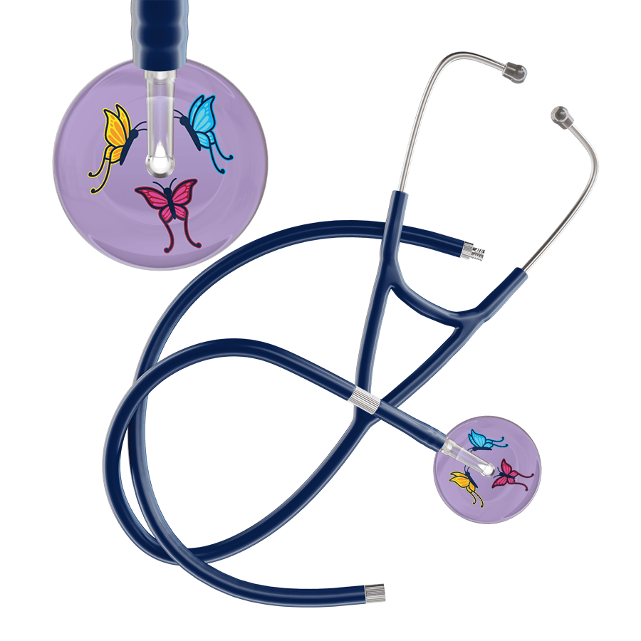 Ultrascope Single Stethoscope Lilac Butterflies / Adult / Navy Extended Tubing Light Butterflies Cardiology Stethoscope