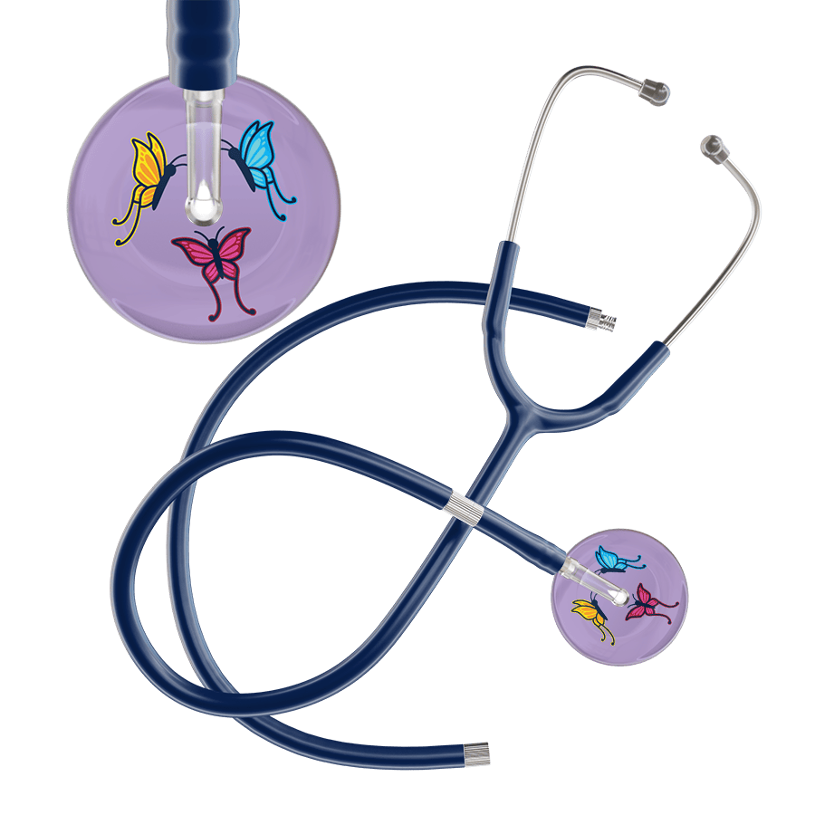 Ultrascope Single Stethoscope Lilac Butterflies / Adult / Navy Extended Tubing Light Butterflies Stethoscope
