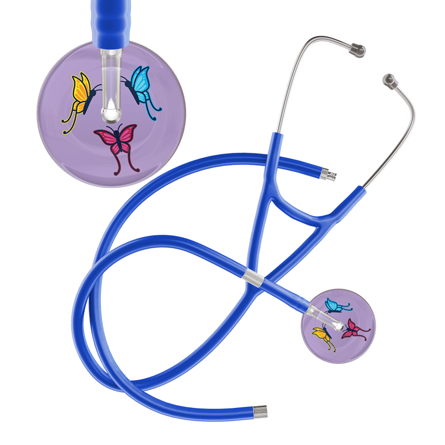Ultrascope Single Stethoscope Lilac Butterflies / Adult / Royal Blue Extended Tubing Light Butterflies Cardiology Stethoscope