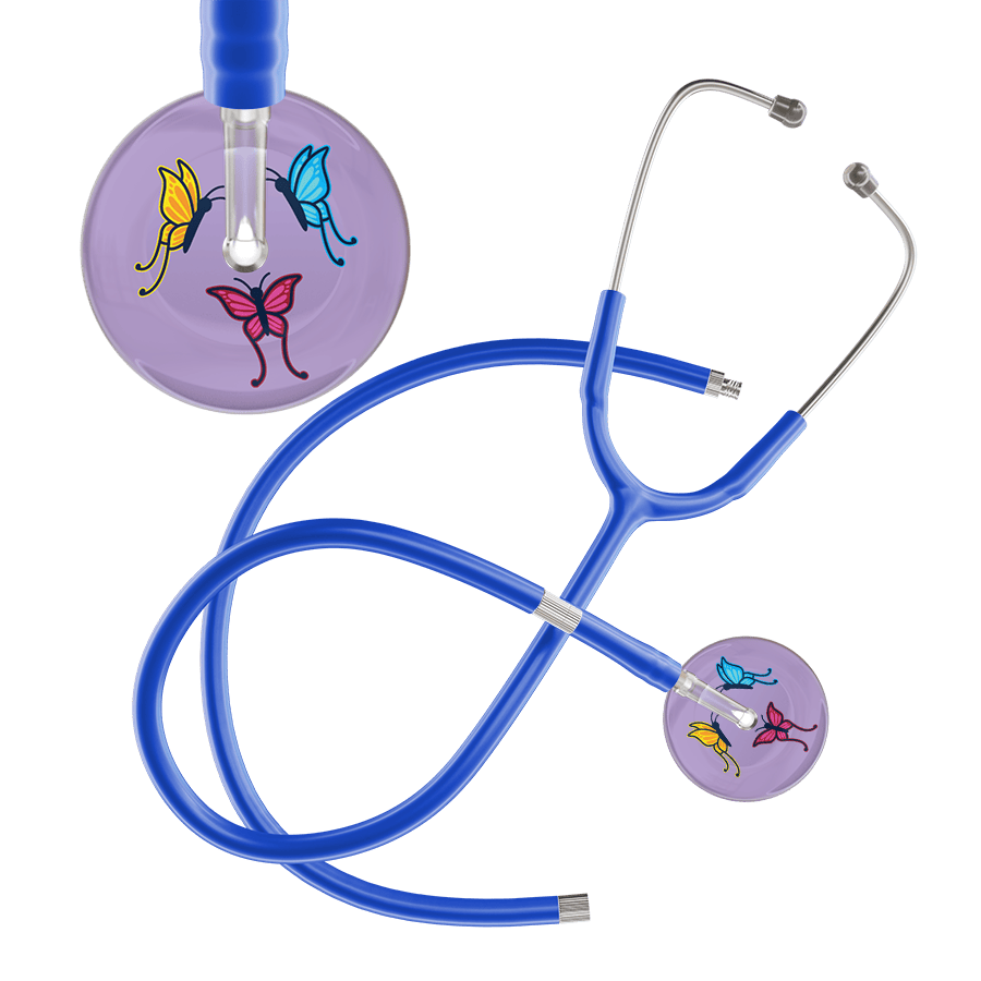 Ultrascope Single Stethoscope Lilac Butterflies / Adult / Royal Blue Extended Tubing Light Butterflies Stethoscope