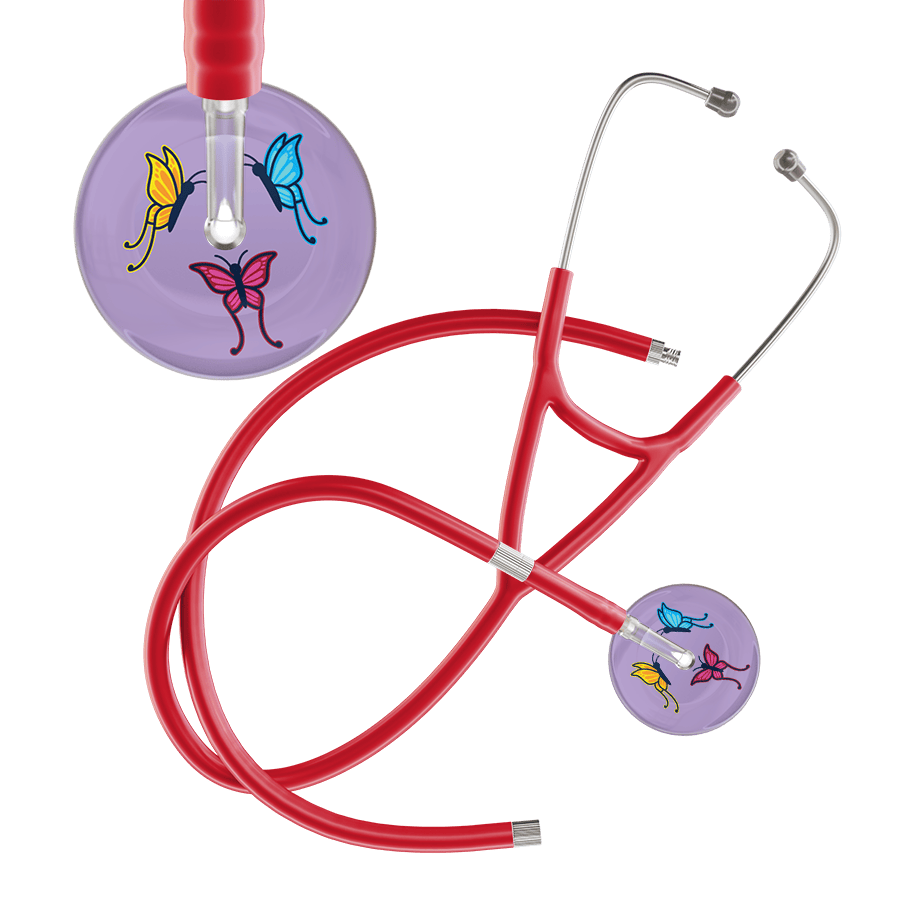 Ultrascope Single Stethoscope Lilac Butterflies / Adult / Red Extended Tubing Light Butterflies Cardiology Stethoscope