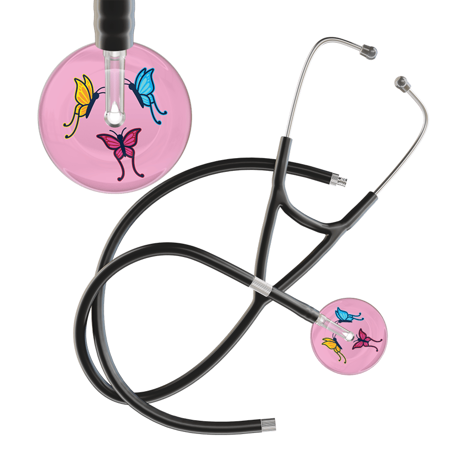 Ultrascope Single Stethoscope Light Pink Butterflies / Adult / Black Extended Tubing Light Butterflies Cardiology Stethoscope