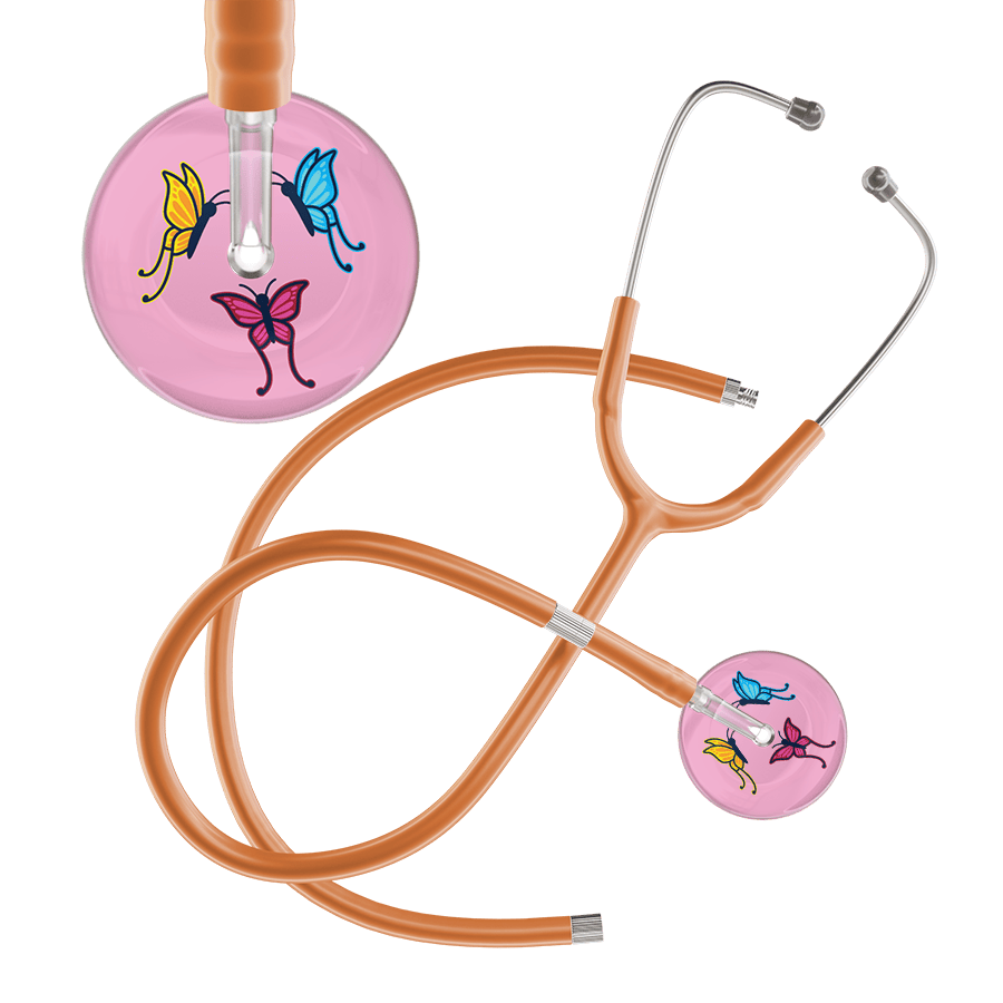 Ultrascope Single Stethoscope Light Pink Butterflies / Adult / Caramel Extended Tubing Light Butterflies Stethoscope