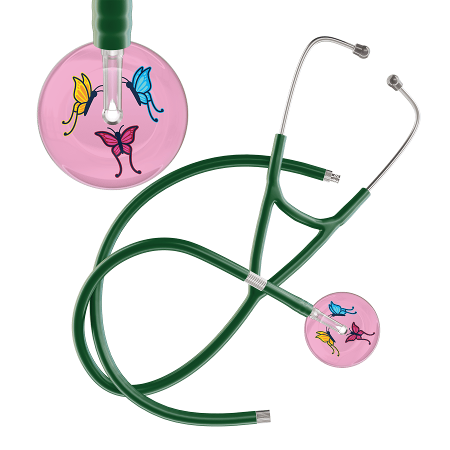 Ultrascope Single Stethoscope Light Pink Butterflies / Adult / Dark Green Extended Tubing Light Butterflies Cardiology Stethoscope