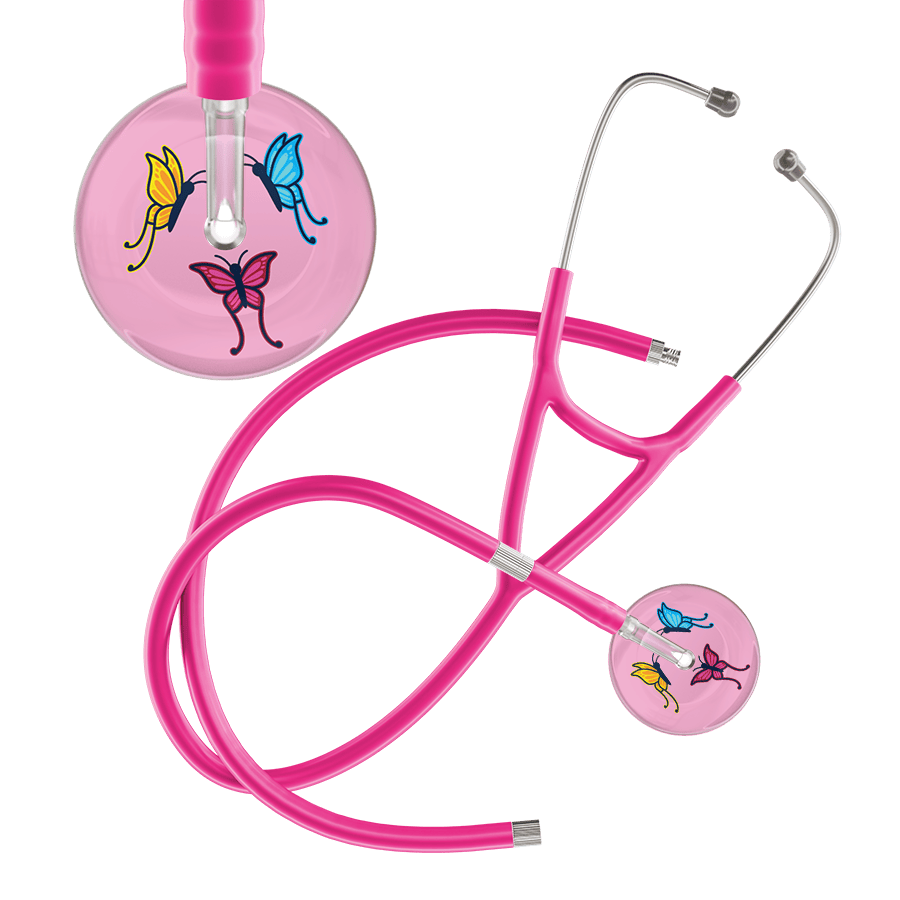 Ultrascope Single Stethoscope Light Pink Butterflies / Adult / Hot Pink Extended Tubing Light Butterflies Cardiology Stethoscope