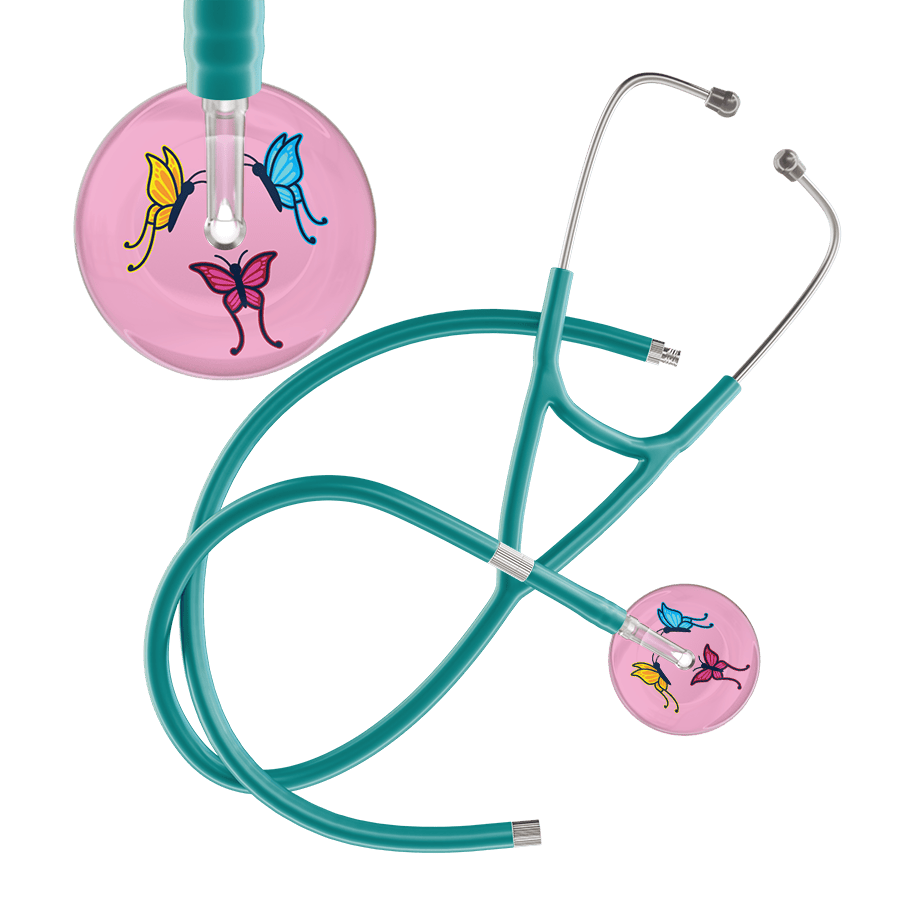 Ultrascope Single Stethoscope Light Pink Butterflies / Adult / Jade Extended Tubing Light Butterflies Cardiology Stethoscope