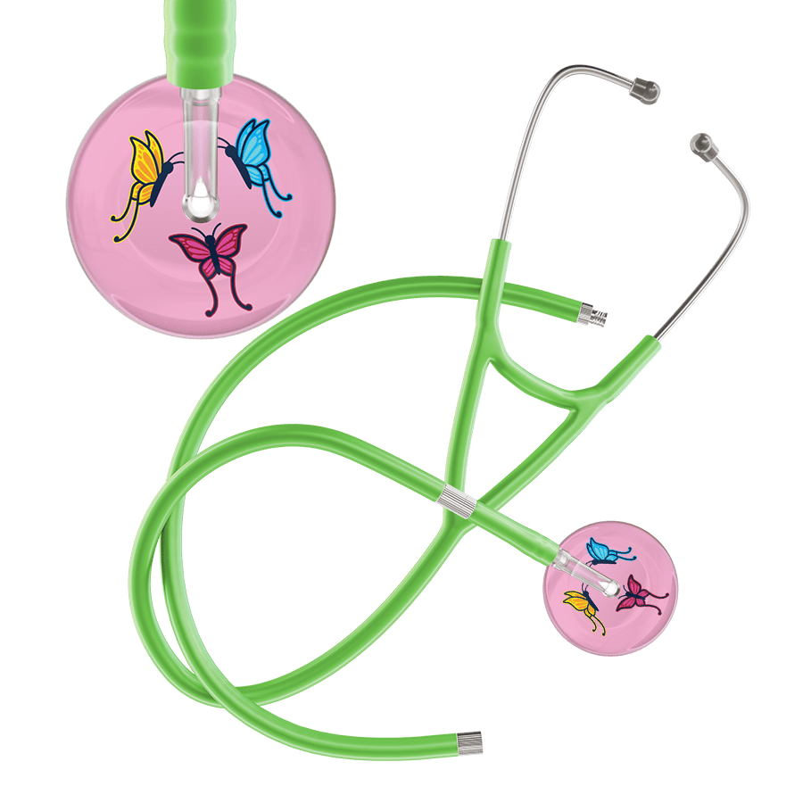 Ultrascope Single Stethoscope Light Pink Butterflies / Adult / Lime Green Extended Tubing Light Butterflies Cardiology Stethoscope
