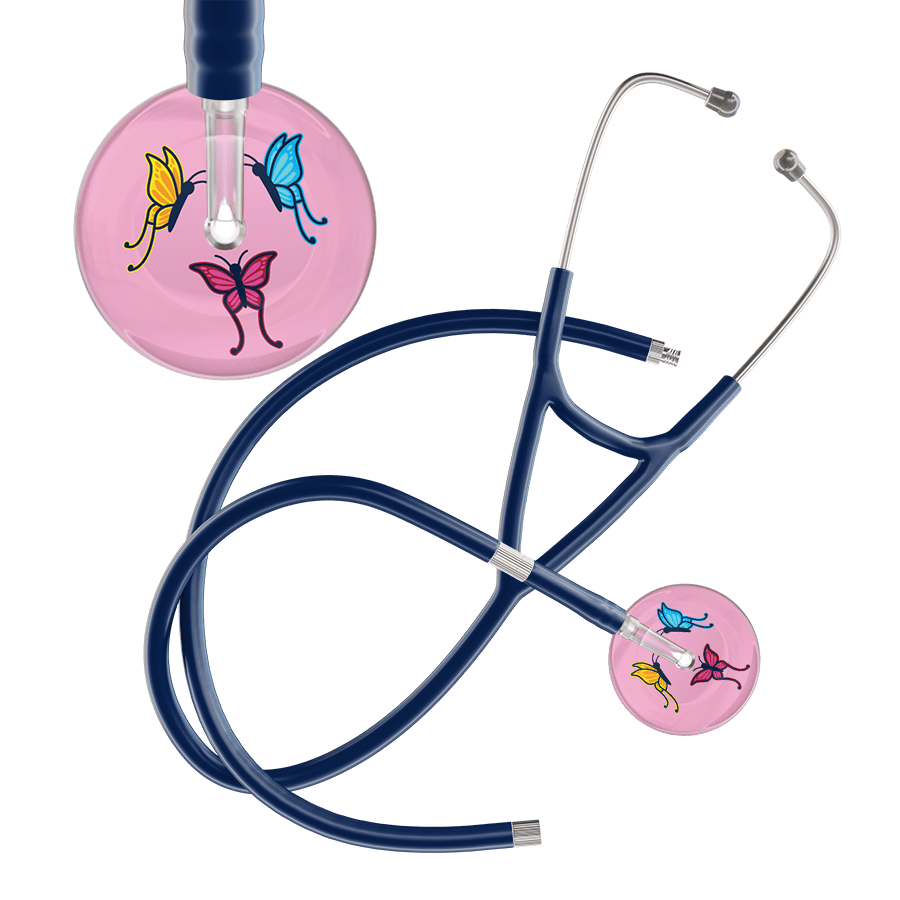 Ultrascope Single Stethoscope Light Pink Butterflies / Adult / Navy Extended Tubing Light Butterflies Cardiology Stethoscope