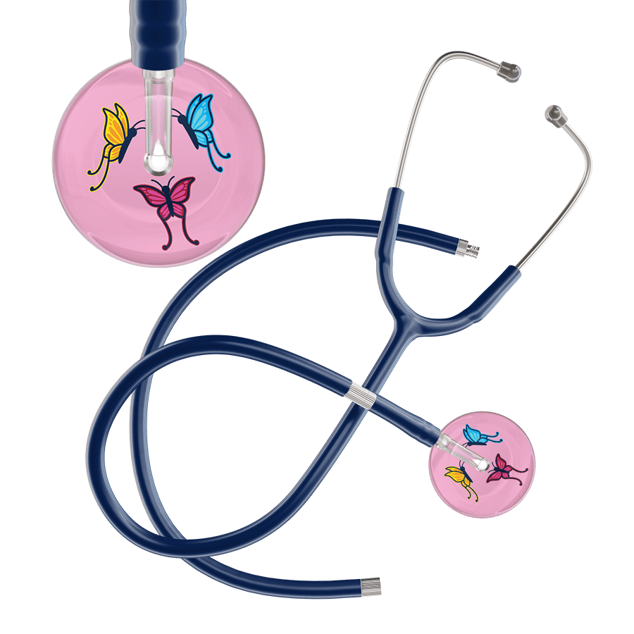 Ultrascope Single Stethoscope Light Pink Butterflies / Adult / Navy Extended Tubing Light Butterflies Stethoscope