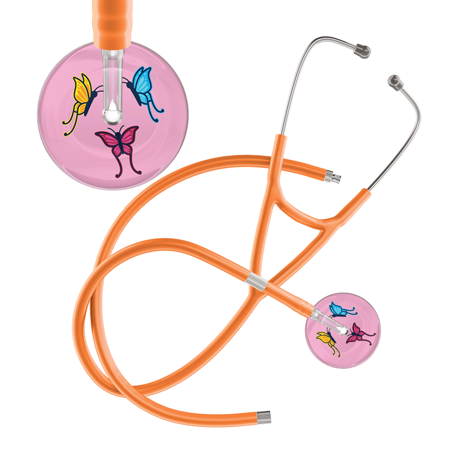 Ultrascope Single Stethoscope Light Pink Butterflies / Adult / Orange Extended Tubing Light Butterflies Cardiology Stethoscope