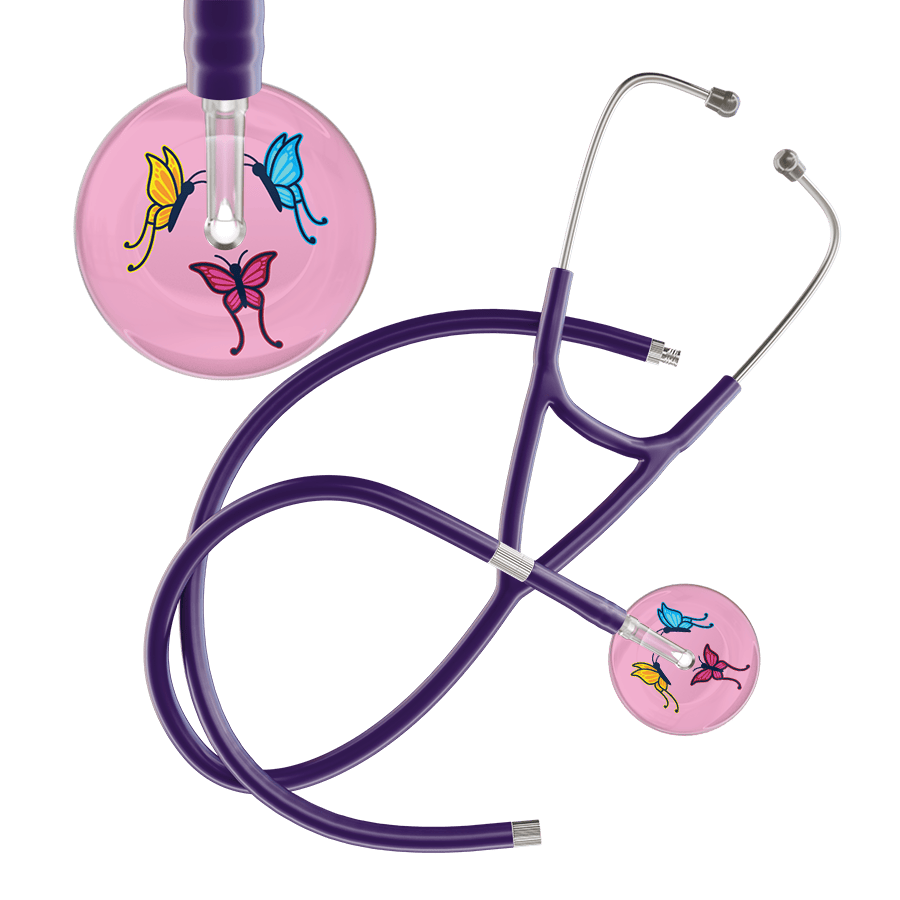 Ultrascope Single Stethoscope Light Pink Butterflies / Adult / Purple Extended Tubing Light Butterflies Cardiology Stethoscope